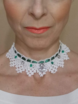 Vintage boho knitted choker necklace with petrol ribbon and crystals