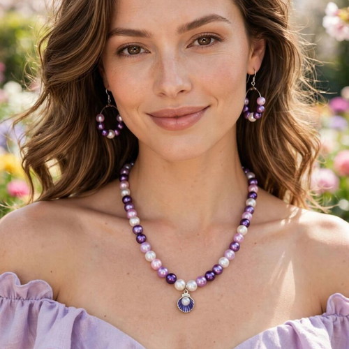 Handmade necklace and earrings set in shades of purple and pink, new