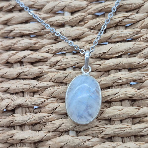 Moonstone Silver 925 Necklace Oval Pendant with Stainless Steel Chain new