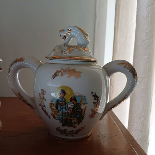 Japanese eggshell porcelain tea set new with lithophane Geisha and gold details