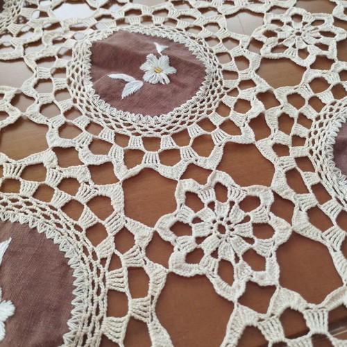 Vintage handmade crochet table linen with brown embroidered motifs, 70x70 cm