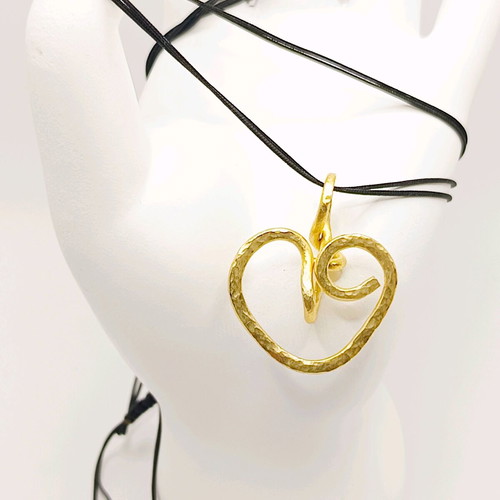 Handmade heart pendant brass with pink Swarovski beads and black nylon cord