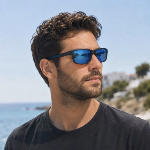 Men's sunglasses with dark blue lenses and rubber frame, new