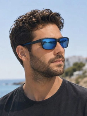 Men's sunglasses with dark blue lenses and rubber frame, new