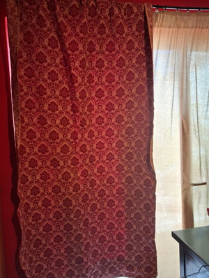 Set of 2 heavy damask curtains used, brick red