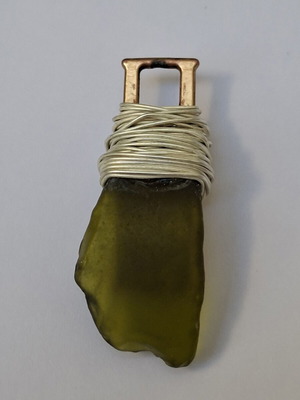 Handmade pendant with green sea glass, copper and silver-plated wire