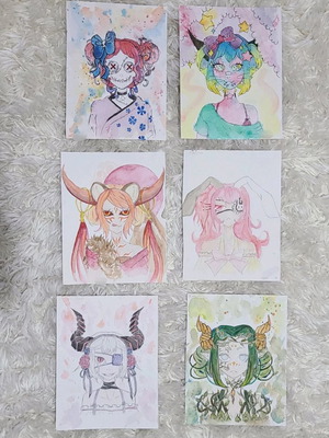 Watercolor painting with monstergirls anime manga characters