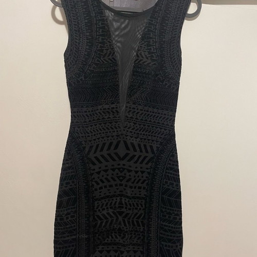 Black mini dress with velvety patterns used, size S from Bershka