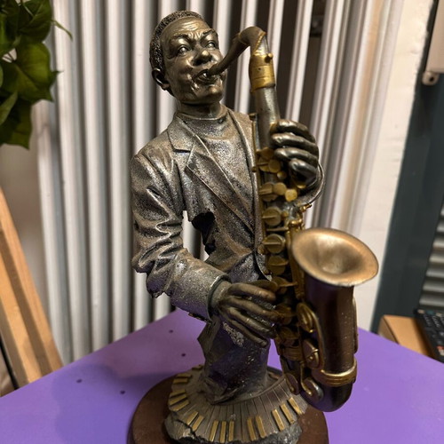 Vintage Jazz Saxophonist Figurine on Wooden Base like new
