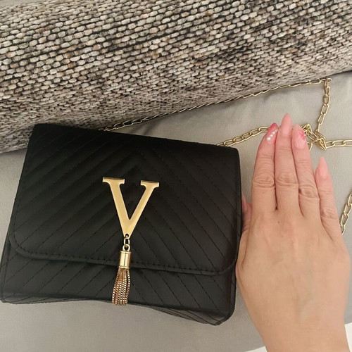 Bag new black chevron quilted with gold chain and V detail