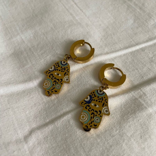 Gold earrings with Fatima hand design and black, blue, white details, new