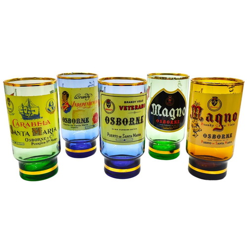 Set of 5 Osborne Veterano Brandy Viejo cognac/vermouth glasses used, vintage 1960