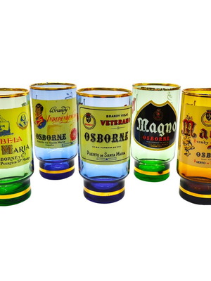 Set of 5 Osborne Veterano Brandy Viejo cognac/vermouth glasses used, vintage 1960