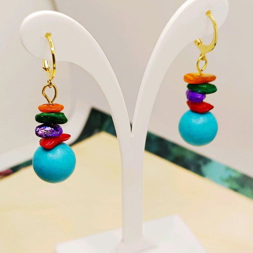 Handmade Earrings with Turquoise and Mother of Pearl, Gold Plated Stainless Steel, New