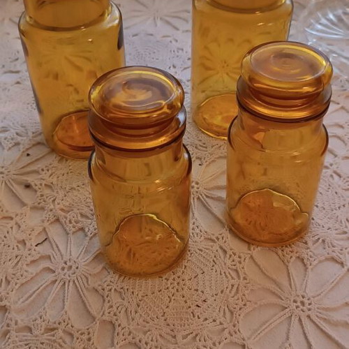 Vintage storage jars used, set of 2, amber glass