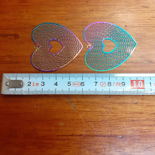 Filigree heart charms new, 2 iridescent hanging pieces