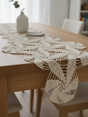 Handmade lace table runner beige-cream, new