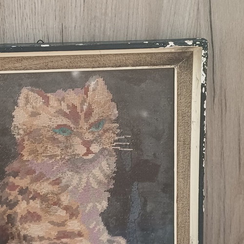Cat vintage handmade embroidered framed art used