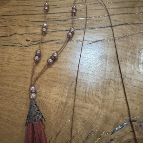Necklace 58 cm boho chic with brown burgundy faux leather cords and metallic beads like new