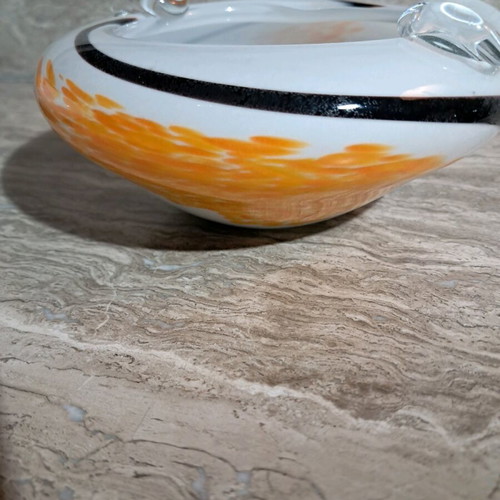 Set of 2 blown glass ashtrays new, white and orange