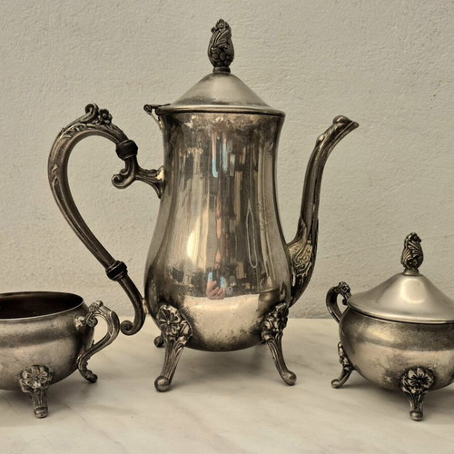 Vintage tea and coffee set used, 3 pieces silver color