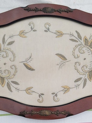Vintage wooden serving tray with embroidered linen and brass details like new