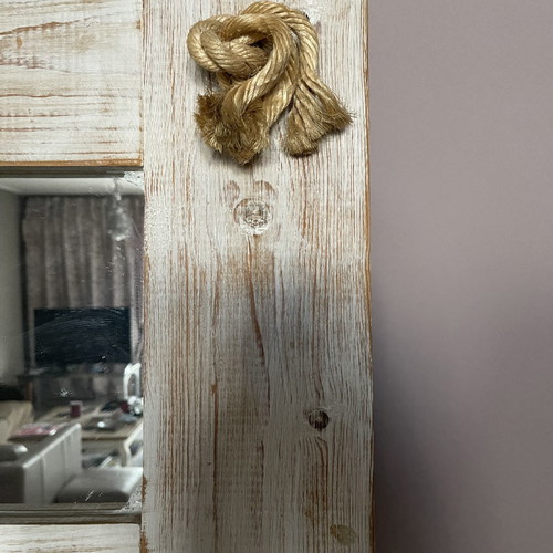 Wooden mirror used, solid pine, hanging with rope