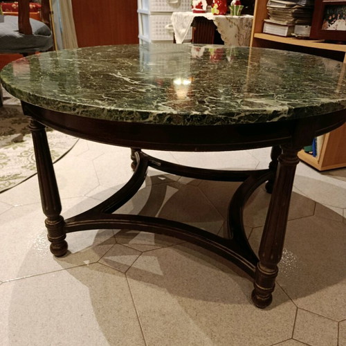 Coffee table like new with green marble top and dark wood legs