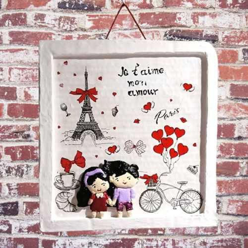 Handmade Saint Valentine frame with loving couple in Paris, new