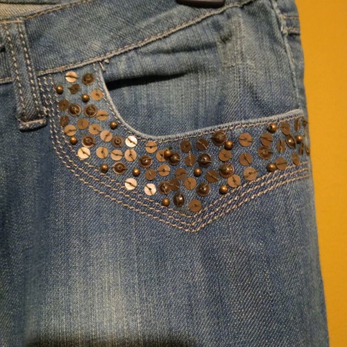 Motivi flared jeans used with embroidery and sequins, size UK 12