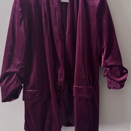 Ruched Sleeve Velvet Blazer, burgundy, size Medium