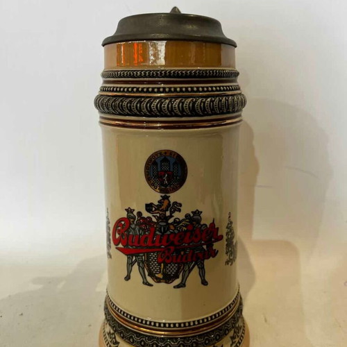 Budweiser German ceramic beer stein with pewter lid