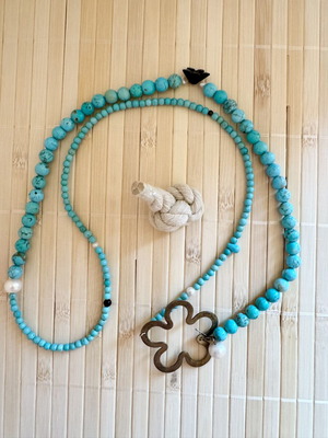 Boho Turquoise Beaded Necklace with Pearl Pendant like new