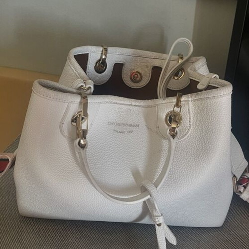 Emporio Armani crossbody bag used, white canvas with adjustable strap