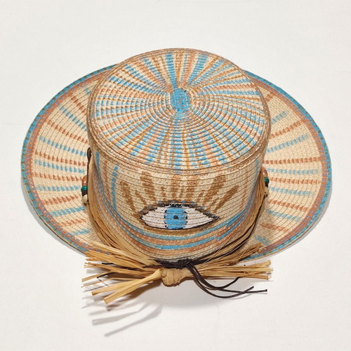 Straw hat painted handmade new, size 57, beige multicolor
