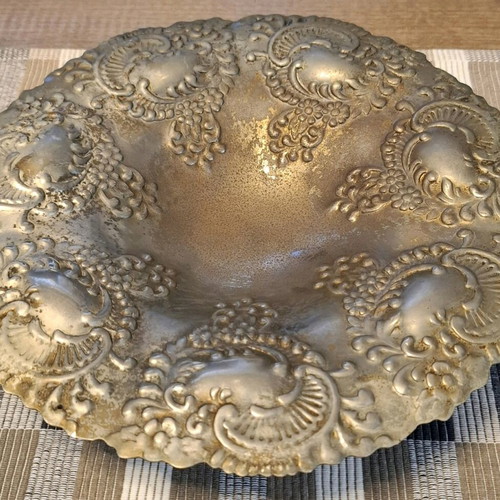Metal carved platter used, old, 25 cm diameter