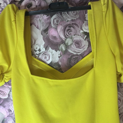 Shein yellow blouse with V neckline and ruched sleeves