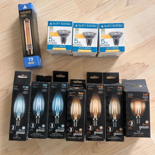 Set of new LED bulbs (E14 filament, GU10, Vintage T9)