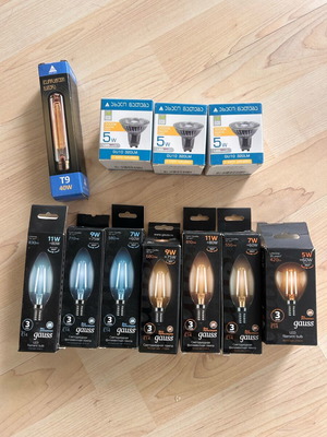 Set of new LED bulbs (E14 filament, GU10, Vintage T9)