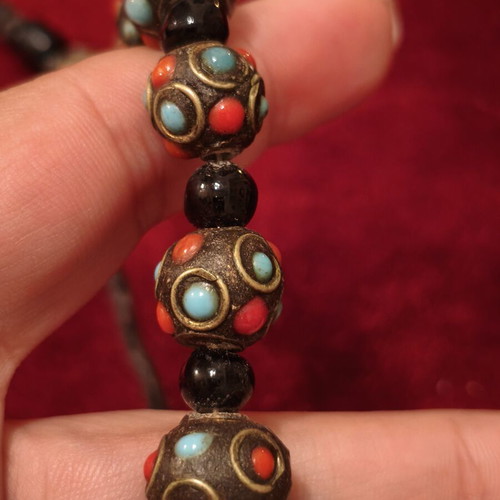 Traditional Tibetan Inlay Necklace with Turquoise and Coral Beads