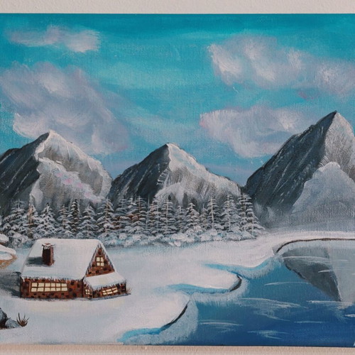 Handmade painting Mountains new, acrylic on cotton canvas 24×30 cm