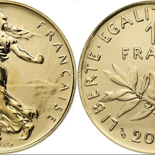 French gold coin 1 franc 2001 in case, new, 8g 75% gold