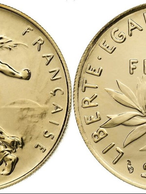 French gold coin 1 franc 2001 in case, new, 8g 75% gold