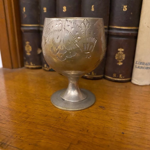 Set of 6 used silver-plated brass liqueur glasses with intricate engraving