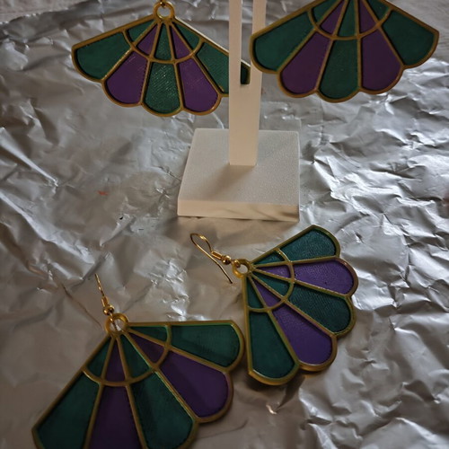 Dahlia earrings 3D printed, hand-painted, gold back, purple and blue front