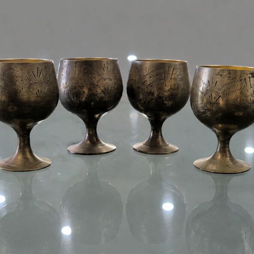 Liqueur Glasses Set of 6 Used Vintage Hand-Etched Bronze EPNS 1960-1970