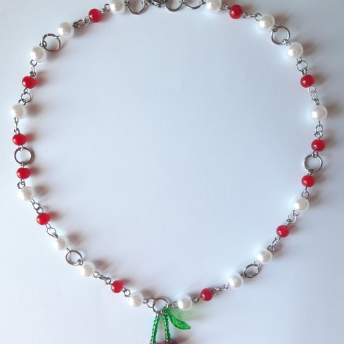 Cherry handmade necklace new, multicolored with silver chain