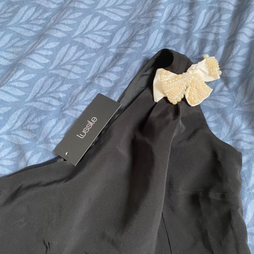 Lussile black one-shoulder dress with bow and back zipper, new
