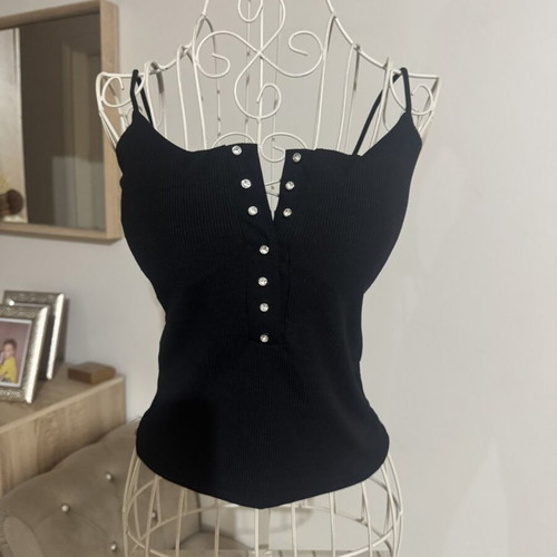 Top with decorative strass buttons, cups, and elastic straps, new, black