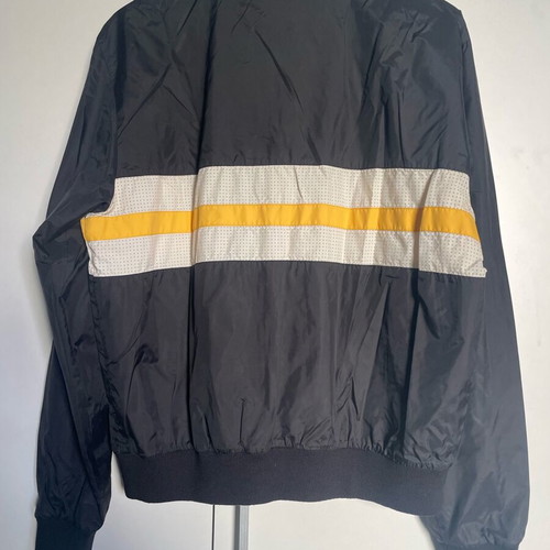 Sixty men's jacket used, size Large, black with white and yellow stripe Y2K